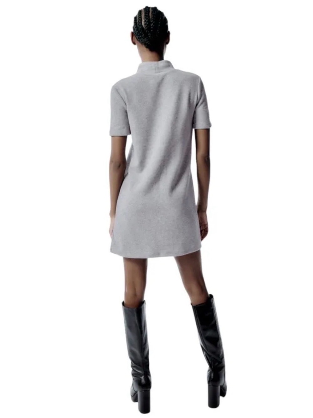 NEW Zara Cotton Blend Reverse Seam Short Sleeve Mini Dress - Grey - Picture 3 of 8